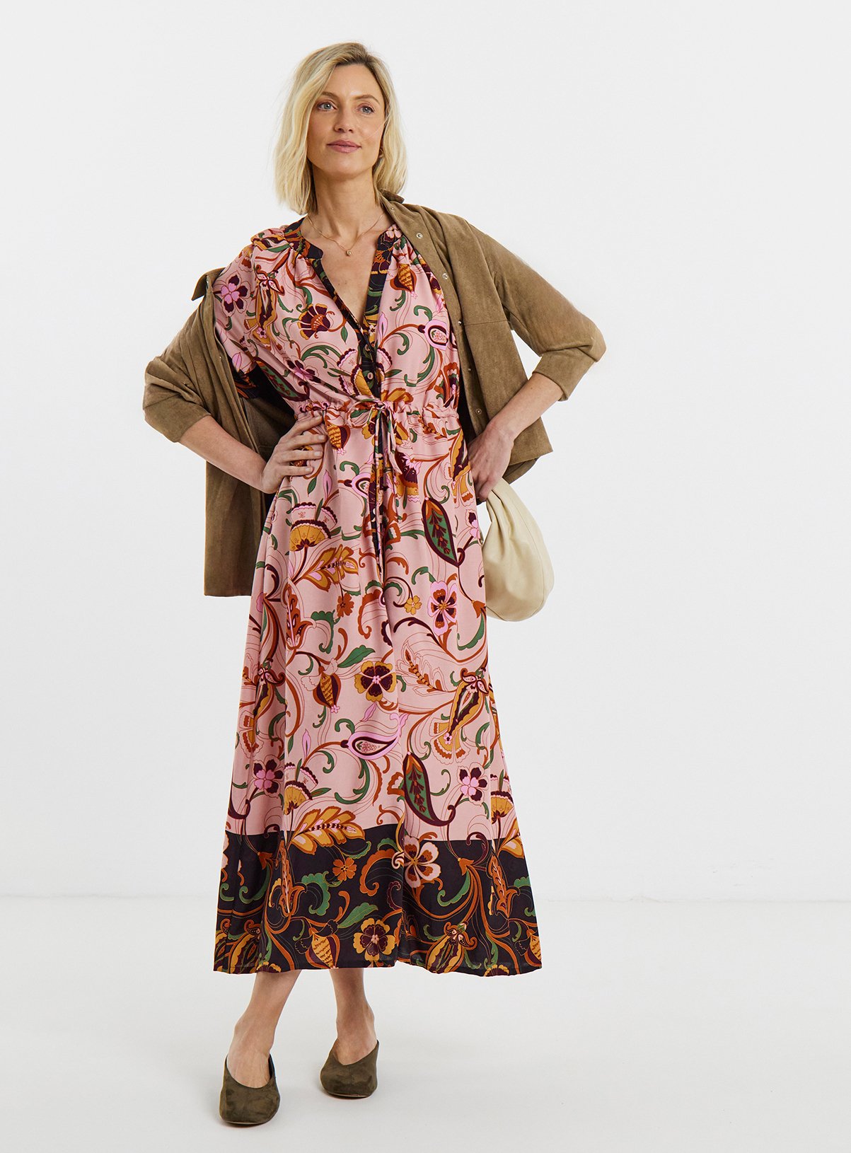JD WILLIAMS Pink Floral Border Print Frill Sleeve Midaxi Dress 26 - Image 3 thumbnail